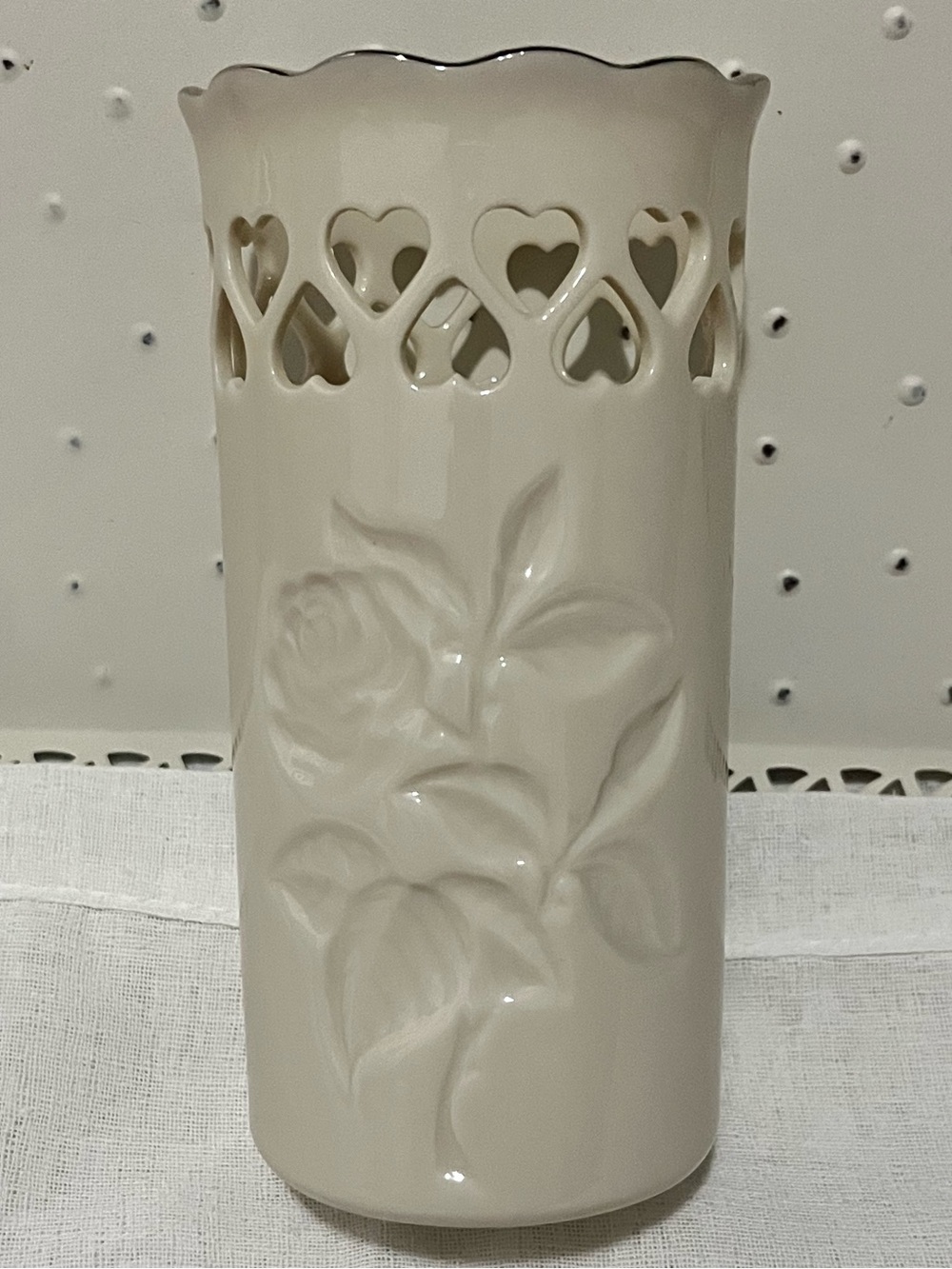 Vintage Lenox pierced heart vase cream 24k gold trim embossed floral